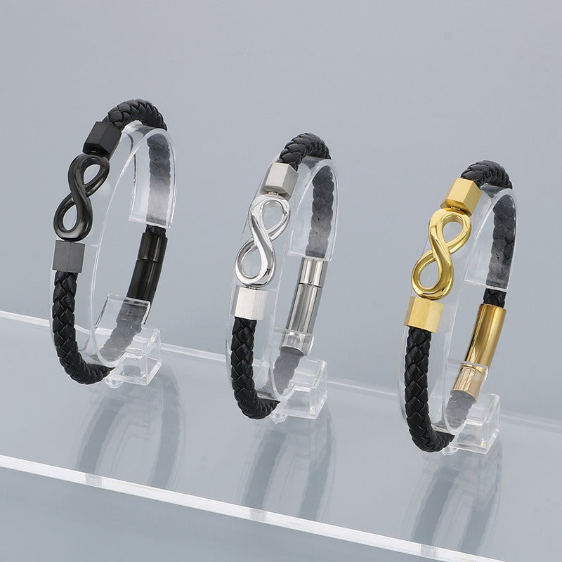 Simbolo dell'infinito, cinturino in pelle intrecciata, chiusura magnetica in acciaio al titanio per uomo KB182678-JR