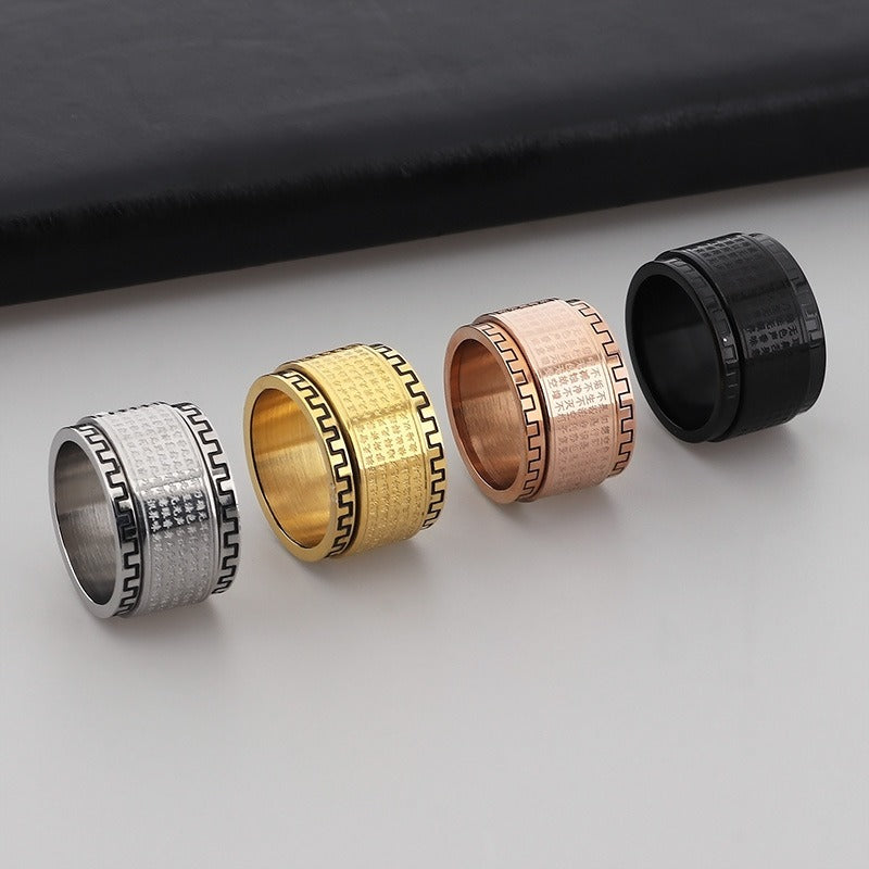 Anello Mantra Rotante Kemstone - Fascia in acciaio inossidabile con esagramma inciso e bordi strutturati per alleviare lo stress e favorire un flusso positivo KR37988-K