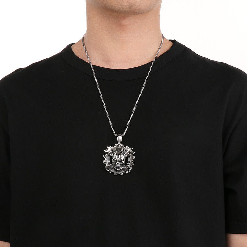 Kemstone Titanium Steel Skull Pendant Necklace – Mechanical Gothic Biker Jewelry for Men KP43973-BD