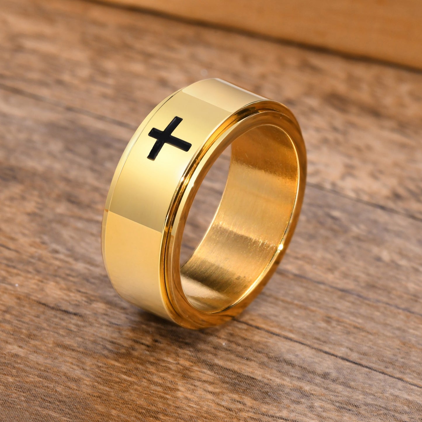 Kemstone Black Laser-Etched Cross Rotating Stainless Steel Ring – Gothic Industrial Men’s Jewelry R589