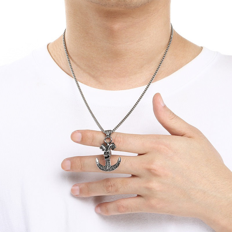 Kemstone Anchor Pendant Necklace Titanium Steel Nautical Wheel Skull Cross Design for Men Silver KP117037-LU