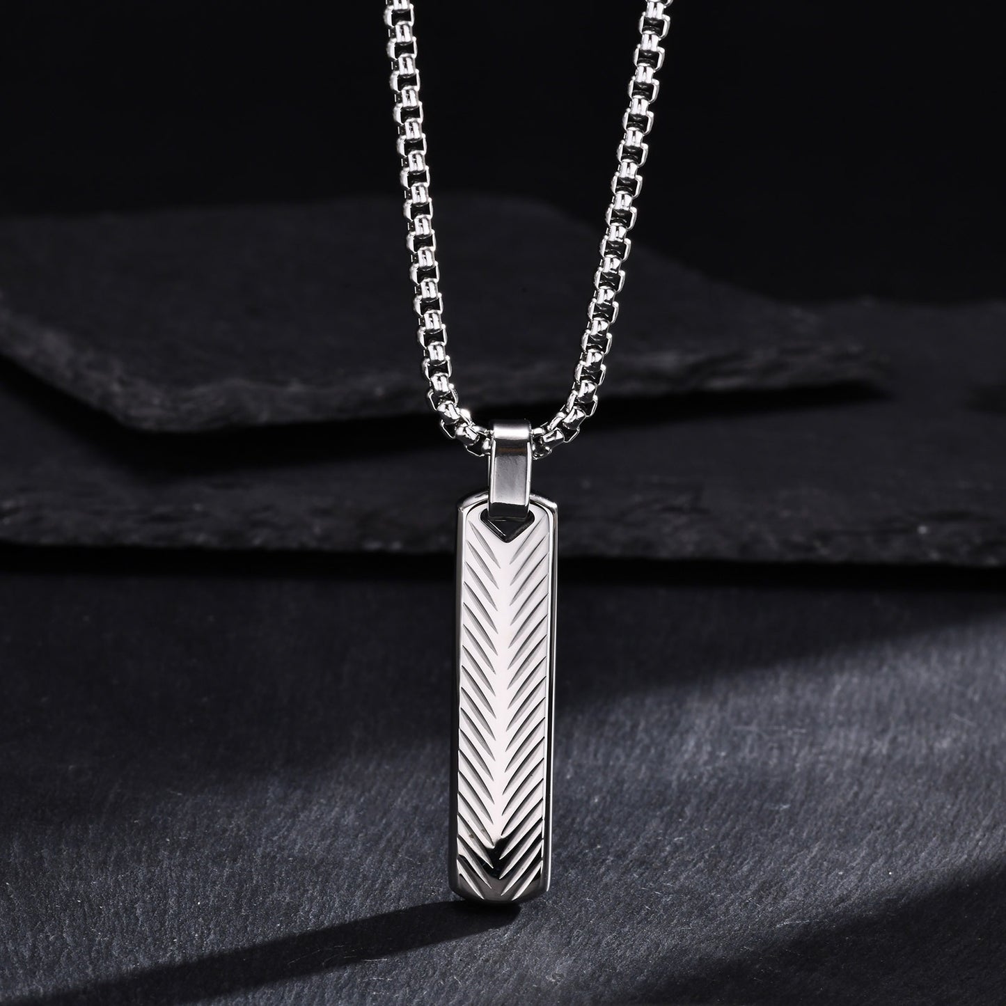 Geometric Bar Pendant Necklace for Men | Stainless Steel Chevron Engraved PN2071