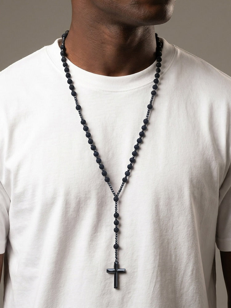 Kemstone Tiger Eye Beaded Cross Necklace for Men Lava Stone Stainless Steel Pendant NC-3017