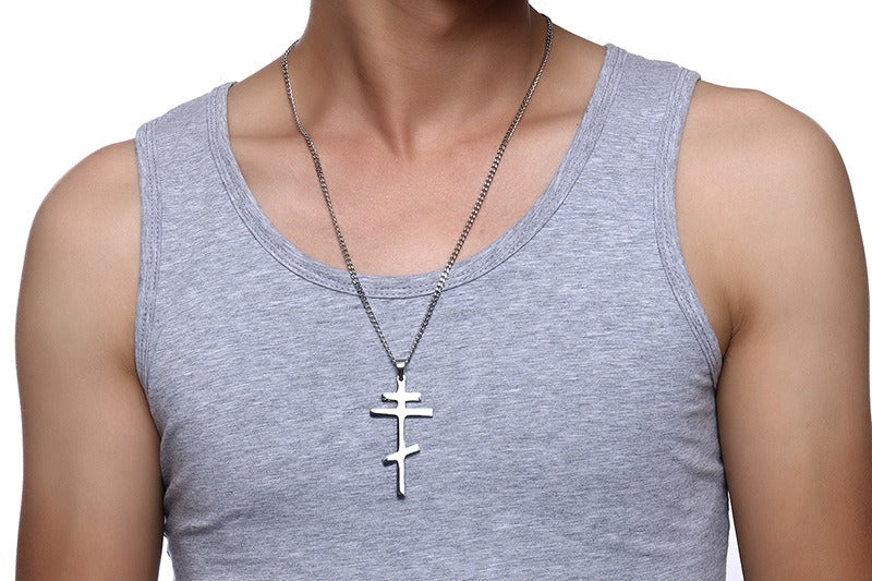 Men's Stainless Steel Orthodox Cross Necklace – Bold Double Bar Gothic Pendant PN-831