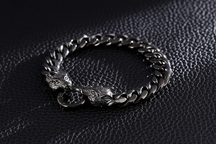 Set di catene in acciaio da uomo Kemstone - Bracciale e collana con testa di lupo per stile punk KB133023