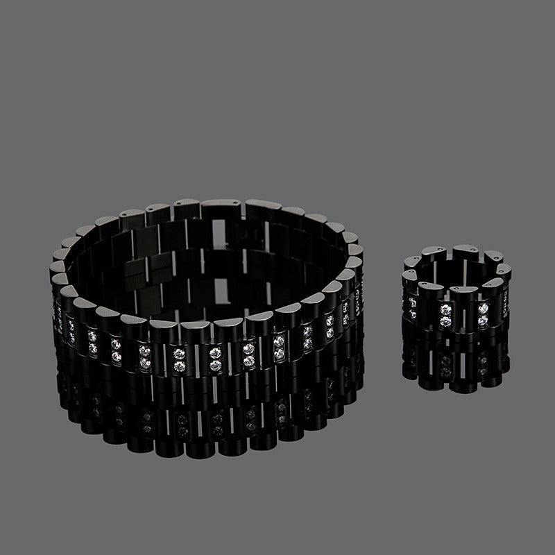 Kemstone Men’s Stainless Steel Zircon Watch Chain & Ring Set – 220mm Bracelet, 13mm Ring KB61656-K