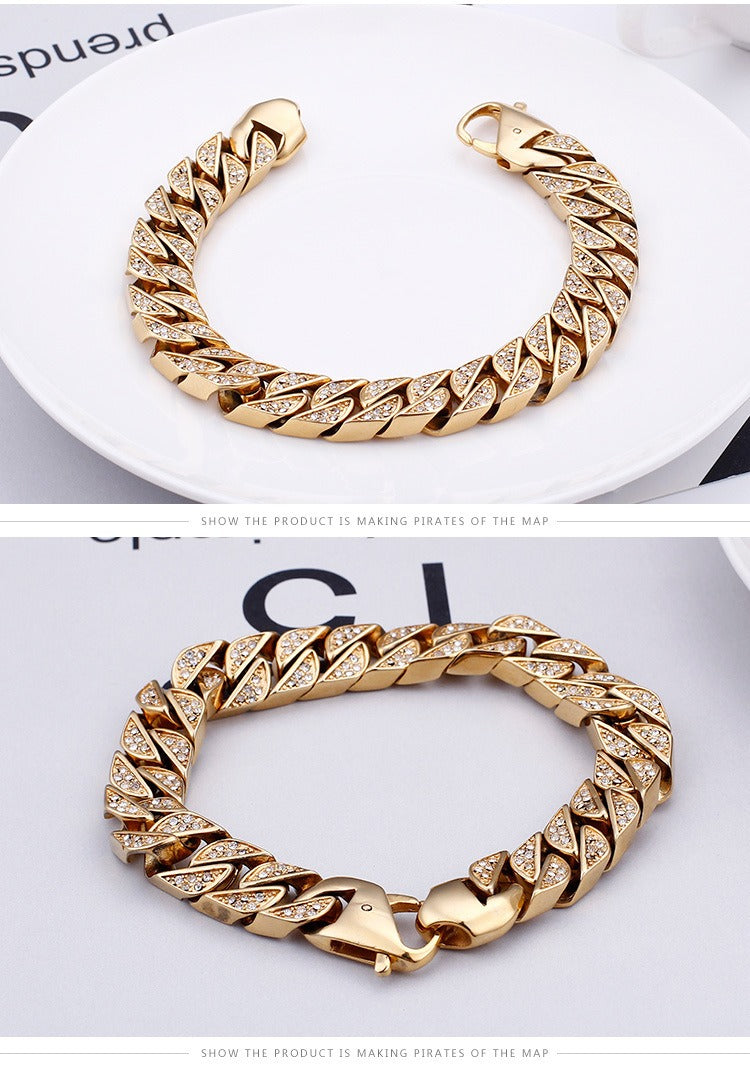 Kemstone Bold Cuban Link Chain - Stainless Steel Hiphop Necklace with Full-Cut Sparkling Stones KS102416-BD
