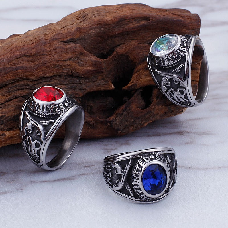 Kemstone Eagle Ring with Red/Blue Gemstones – Titanium Steel Punk Jewelry for Men | Gothic Streetwear Style KR45098-K