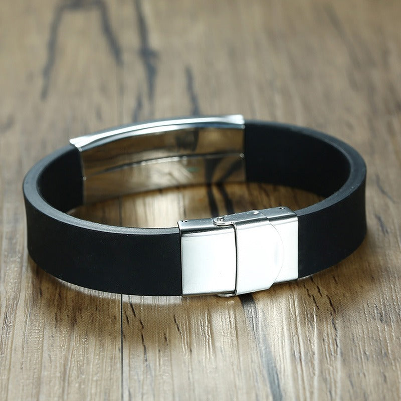Kemstone Silicone & Stainless Steel Bracelet – Engravable Curved Plate Men’s Wristband BS-076