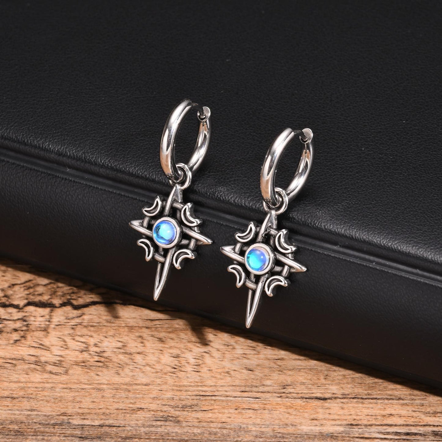 Kemstone Celtic Stainless Steel Moonstone Hoop Earring for Men – Gothic Star & Triquetra Drop Design 769