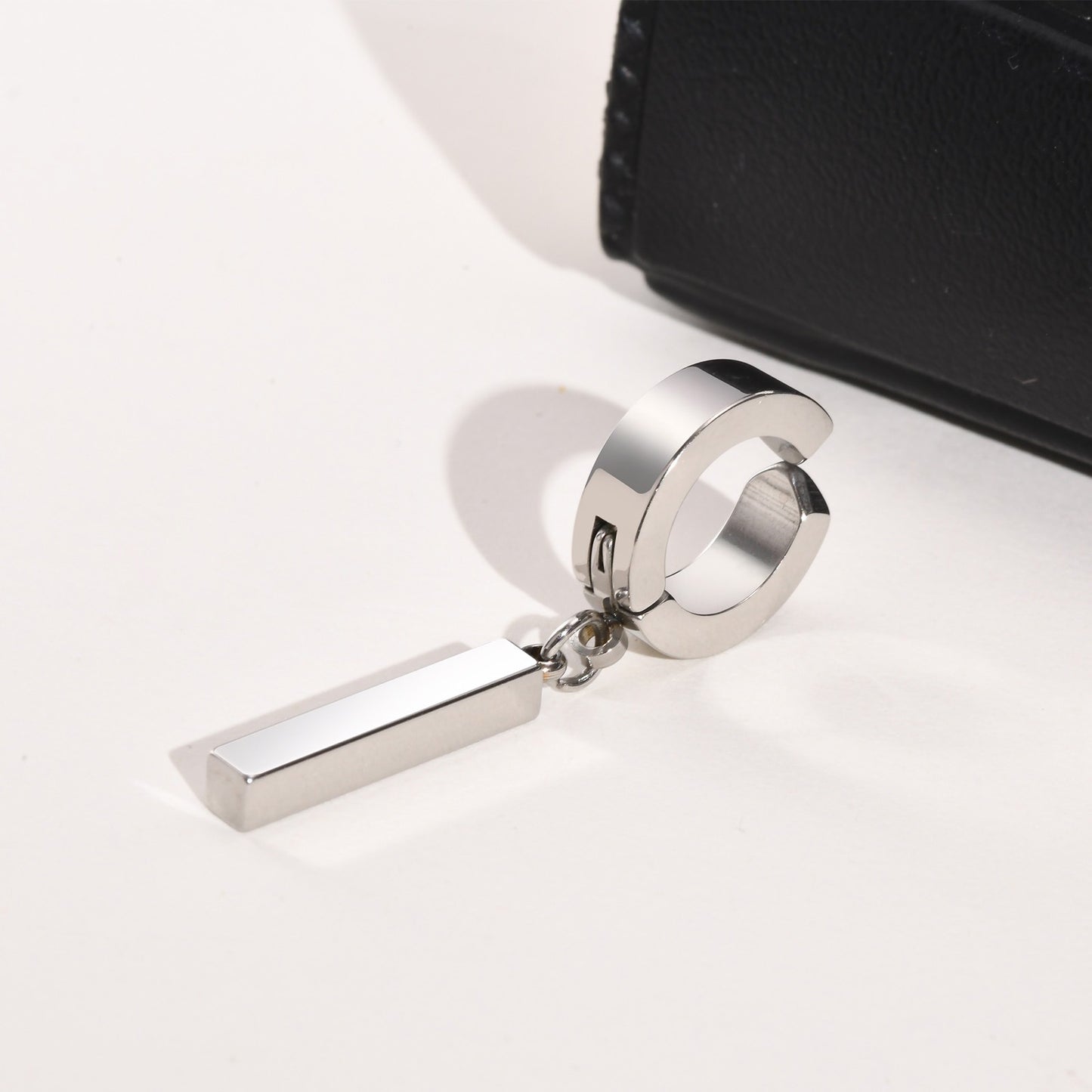 Kemstone Men's Geometric Bar Drop Earrings – Stainless Steel Hoop & Clip-On, Gothic Punk Street Style in Black & Silver ED-659