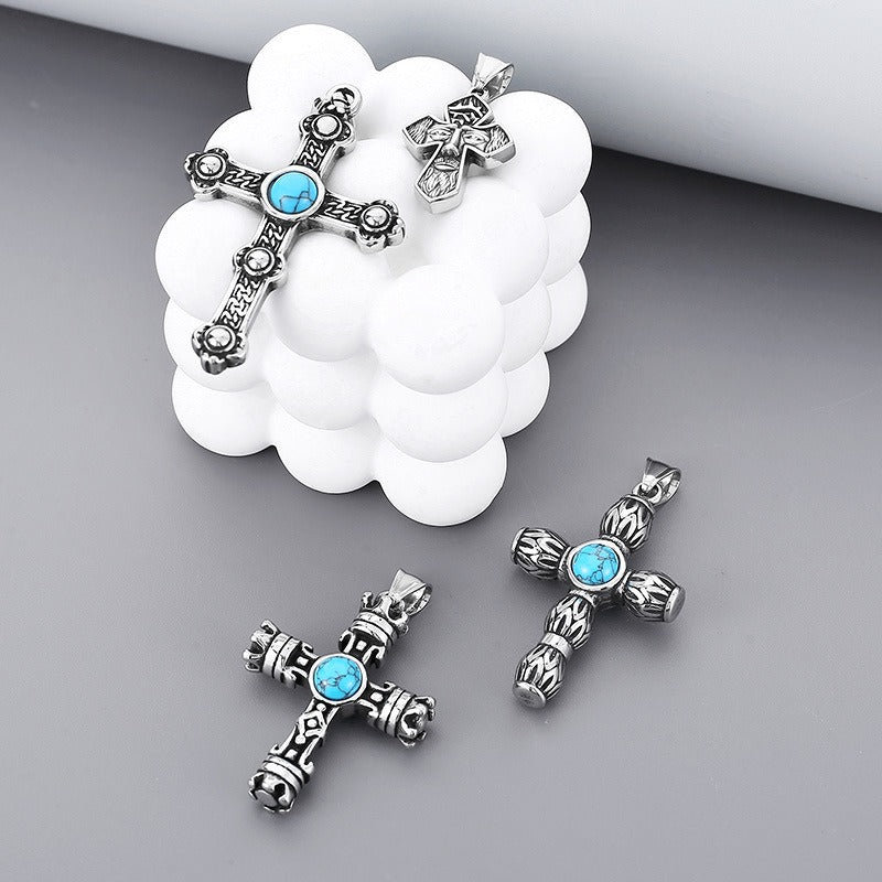 Kemstone Gothic Portrait Pendant – Titanium Steel Necklace with Crown & Turquoise Cross KP119878