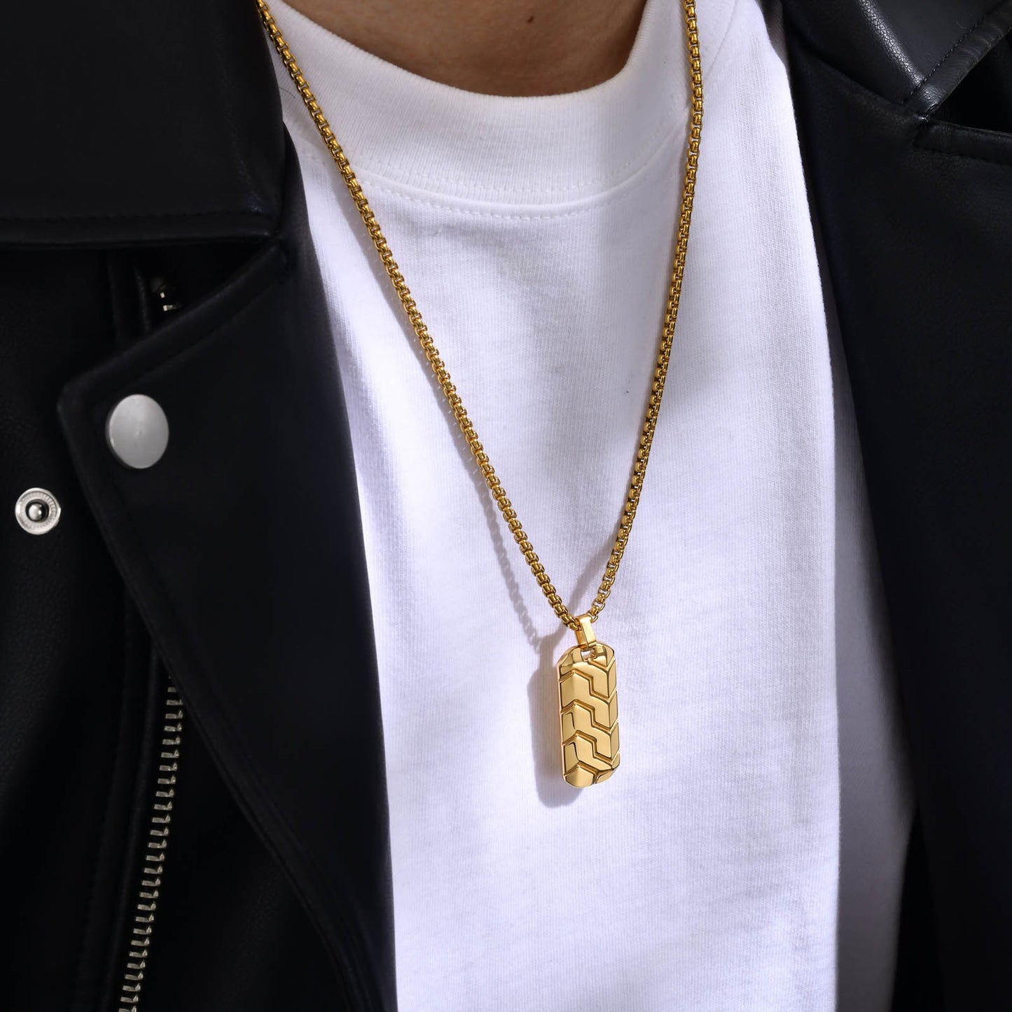 Tire Tread Pendant Necklace for Men – Stainless Steel Geometric Dog Tag PN-1857