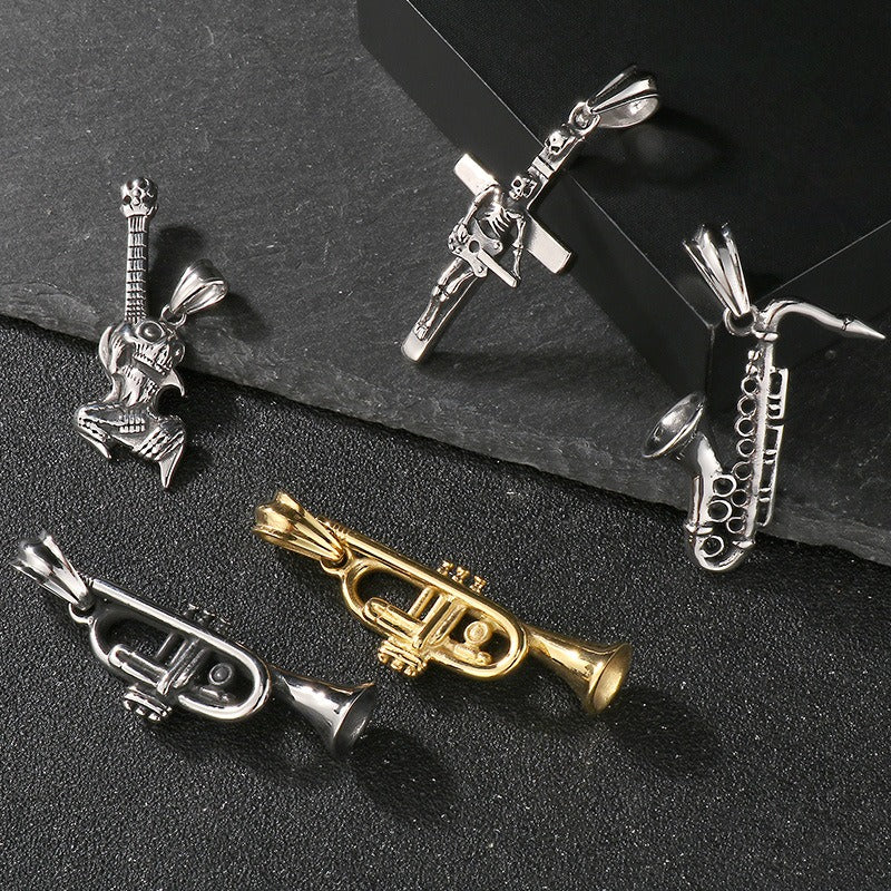 Kemstone Titanium Steel Skull Pendant Necklace with Musical Instruments – Hip Hop KP55730-BD