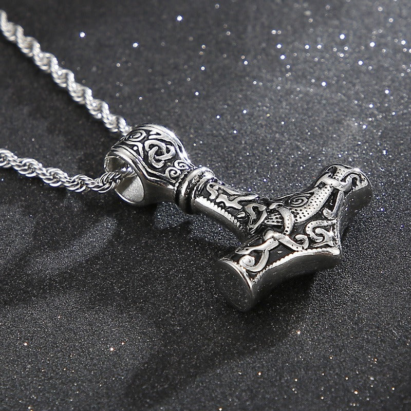 Kemstone Viking Thor’s Hammer Pendant – Stainless Steel Norse Amulet with Skull Connector KP96348