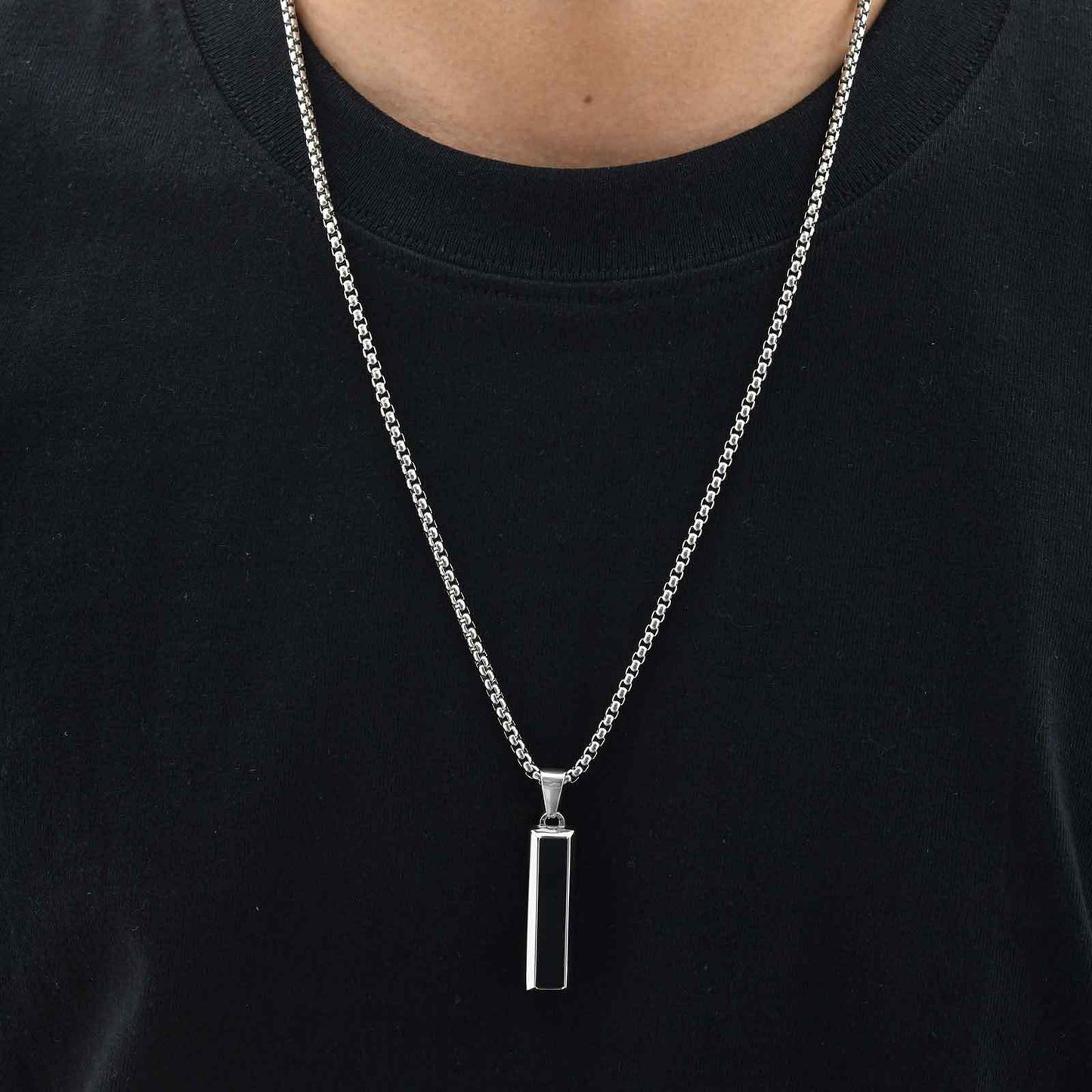 Kemstone Stainless Steel Geometric Bar Pendant Necklace for Men with Onyx or Turquoise PN-2221