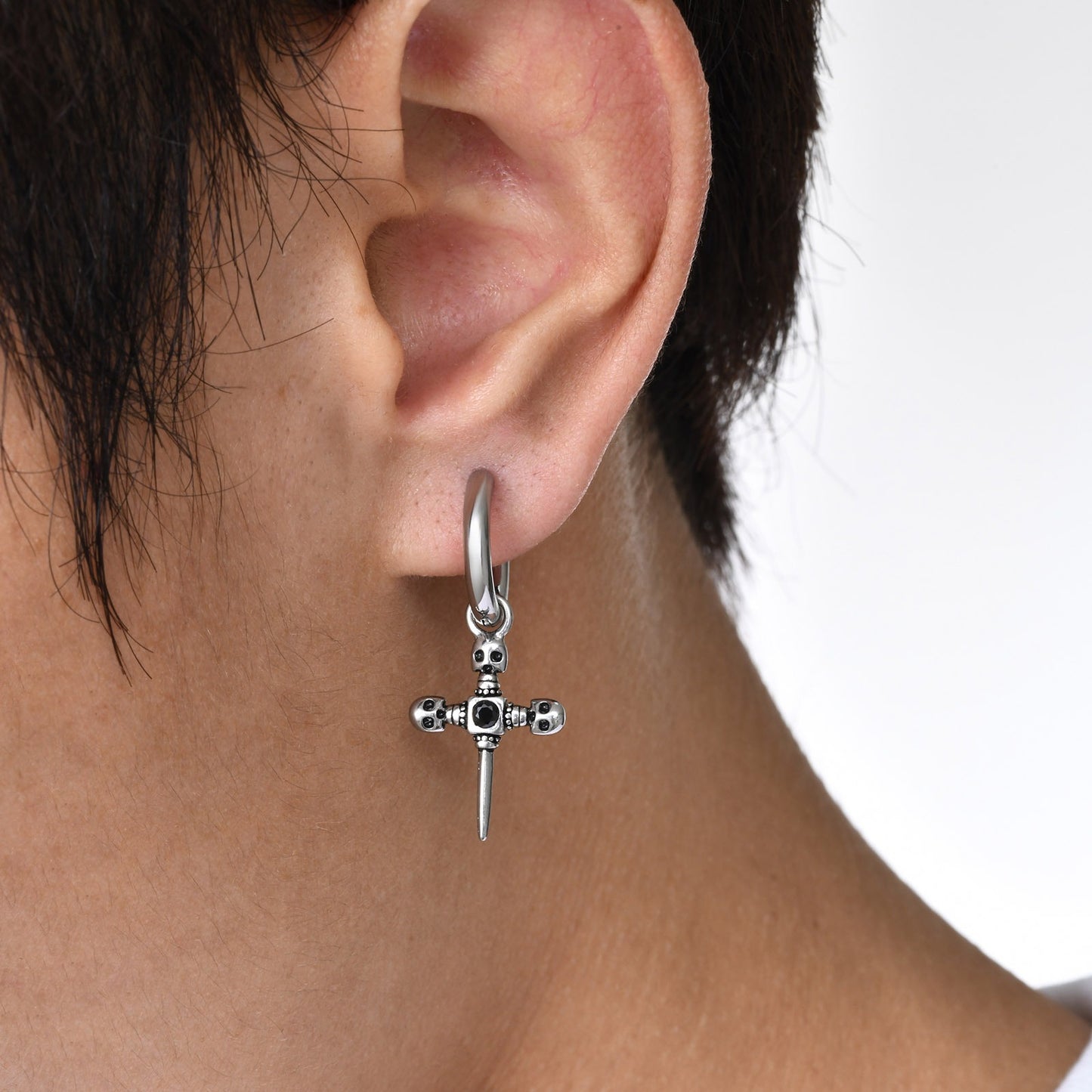 Men's Gothic Cross Hoop Earring – Stainless Steel Sword & Spear Designs ED-684