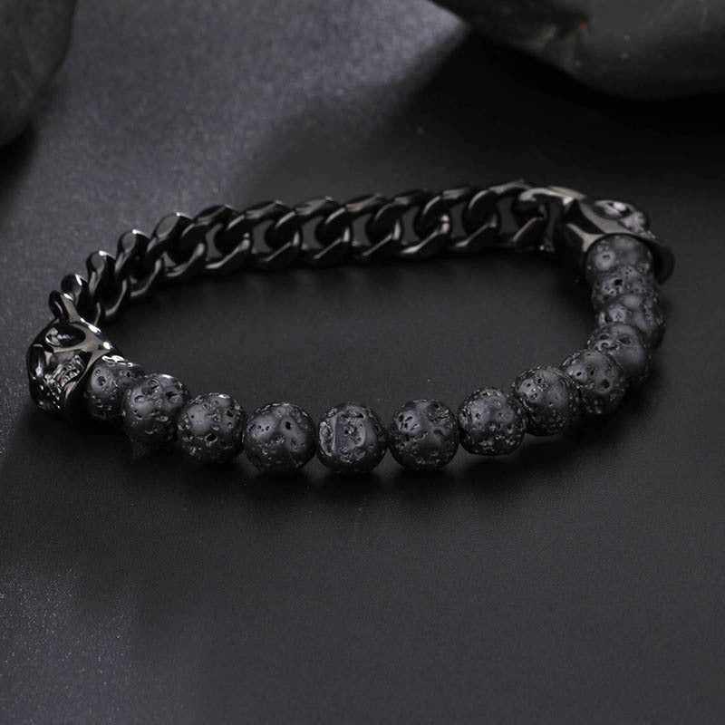 Kemstone Stainless Steel Skull & Volcanic Stone Mala Bracelet – Ethereal Energy Fusion KB66361