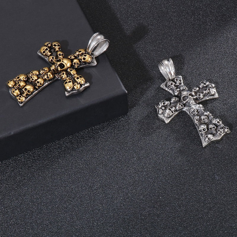Kemstone Gothic Skull Cross Necklace – Matte Black Punk Pendant for Men KP55728-B