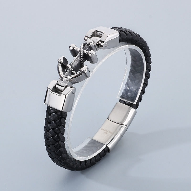 Kemstone Stainless Steel Skull Anchor Braided Leather Cuff Bracelet Punk Biker Style KB53392-K