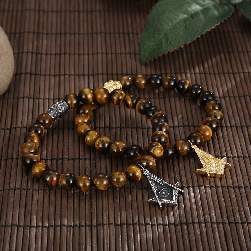 Kemstone Black Onyx Beaded Bracelet – CZ Crown, Freemason Cross & Tiger Eye Accent for Men’s Gothic Streetwear KB69789-BD