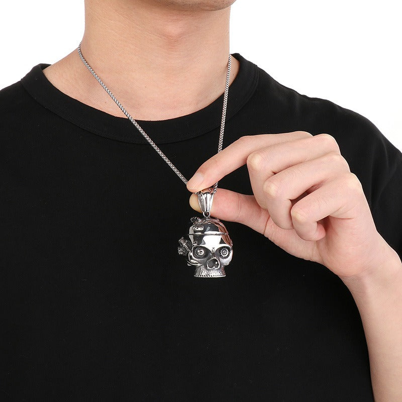 Kemstone Titanium Steel Skull Pendant Necklace – Mechanical Gothic Biker Jewelry for Men KP43973-BD