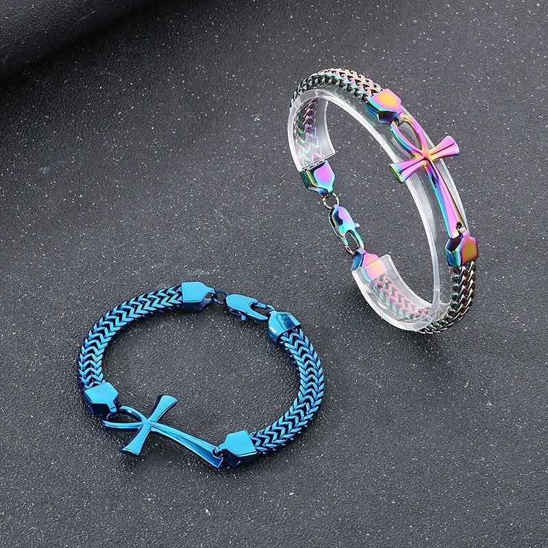 Kemstone Titanium Steel Rock 'n' Roll Dual-Weave Chain Bracelet with Vintage Cross Pendant KB164177-KFC