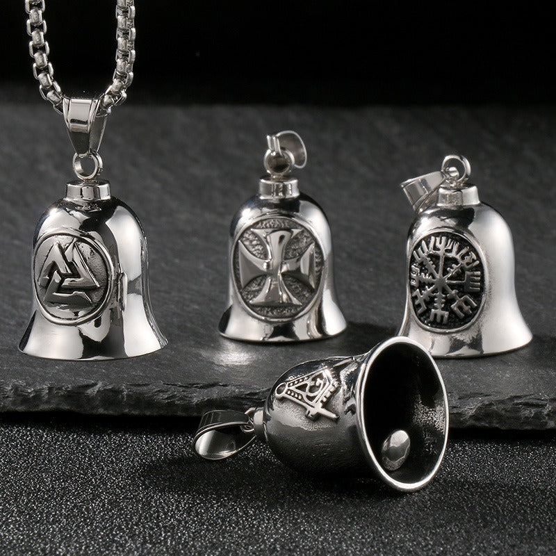 Kemstone Viking Symbol Bell Pendant Necklace for Men – Norse Masonic Cross Stainless Steel Biker Jewelry KP130935