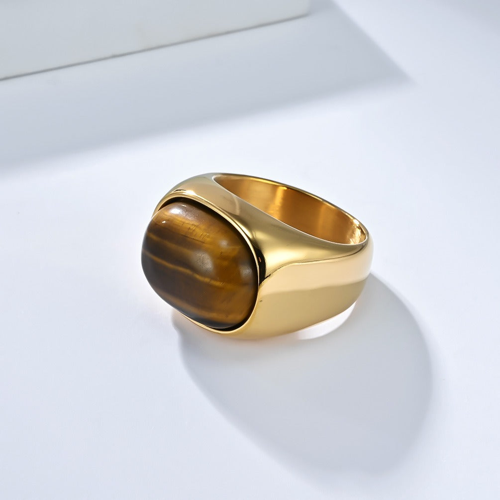 Kemstone Men’s Stainless Steel Tiger Eye Ring – Vintage Oval Gemstone Band K-R1030