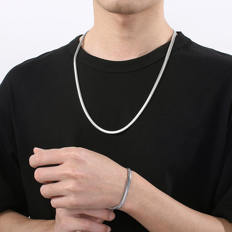 Hip-Hop Flat Snake Chain Necklace & Bracelet – Stainless Steel Herringbone Jewelry for Men KN228487