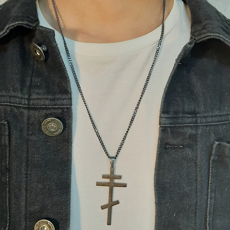 Men's Stainless Steel Orthodox Cross Necklace – Bold Double Bar Gothic Pendant PN-831