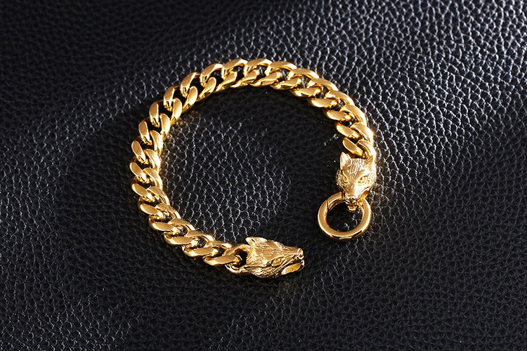 Set di catene in acciaio da uomo Kemstone - Bracciale e collana con testa di lupo per stile punk KB133023