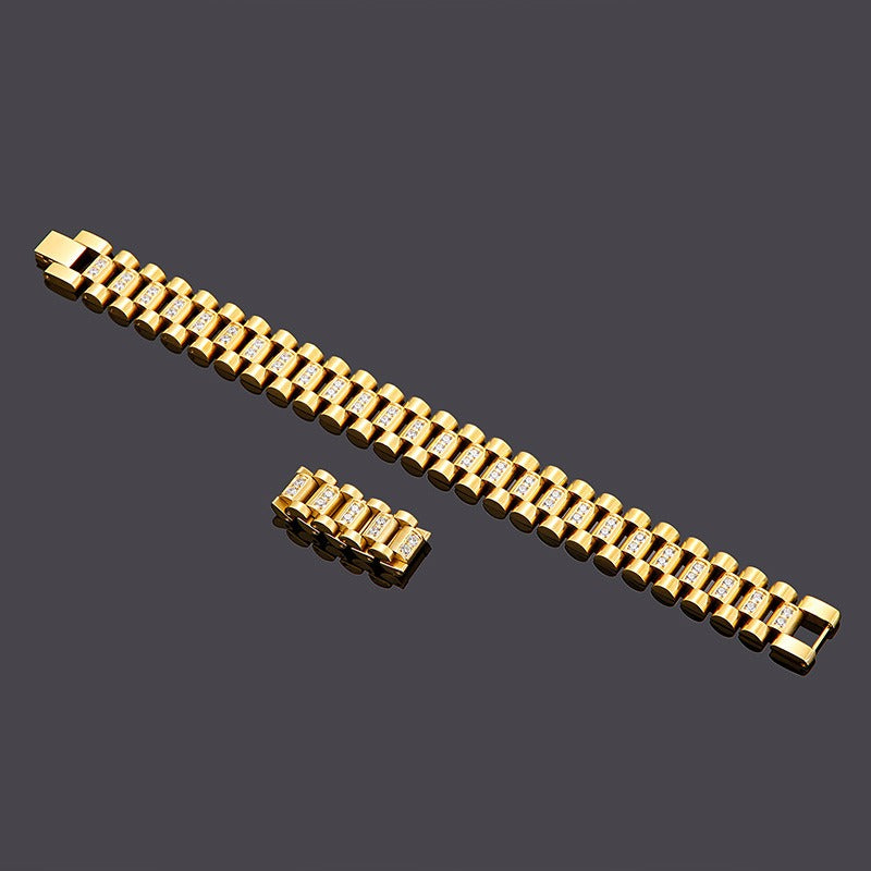 Kemstone Men’s Stainless Steel Zircon Watch Chain & Ring Set – 220mm Bracelet, 13mm Ring KB61656-K