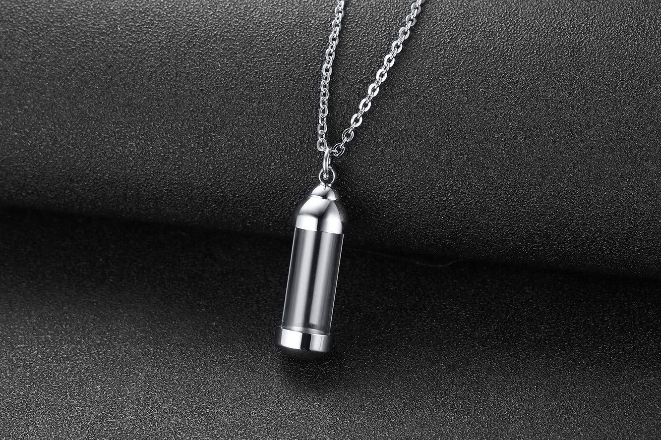 Kemstone Men’s Stainless Steel Glass Vial Pendant Necklace – Gothic Memorial Perfume Bottle Urn Amulet PN-716