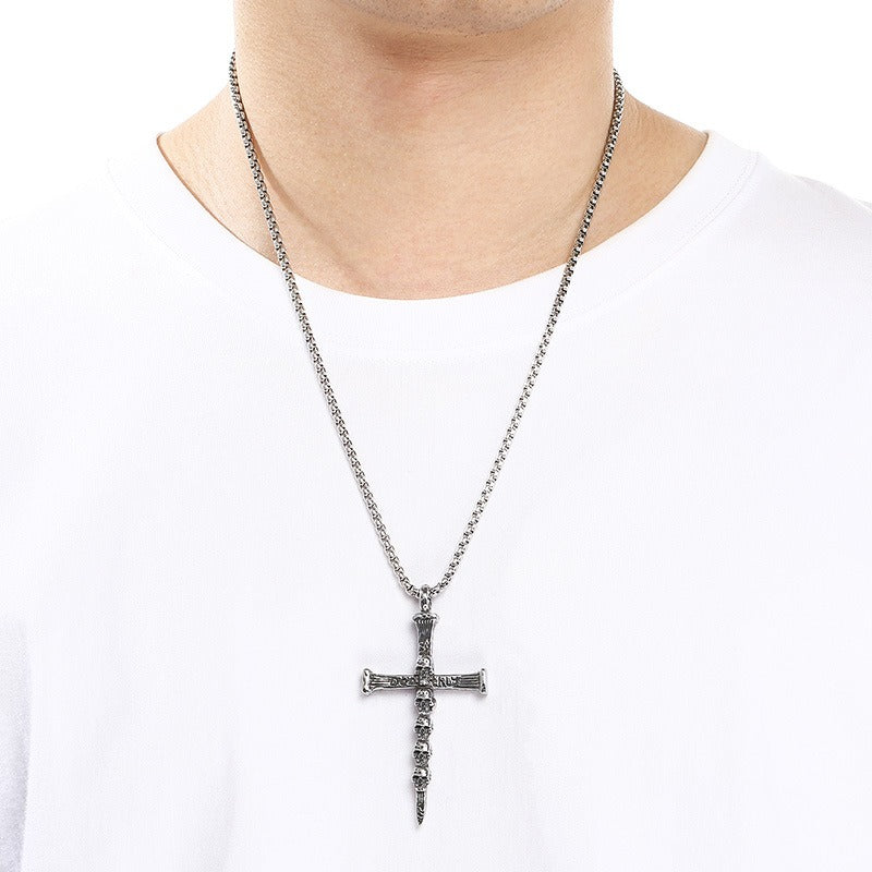 Kemstone Cross Necklace for Men Titanium Steel Whistle Pendant Gothic Silver KP117031-LU