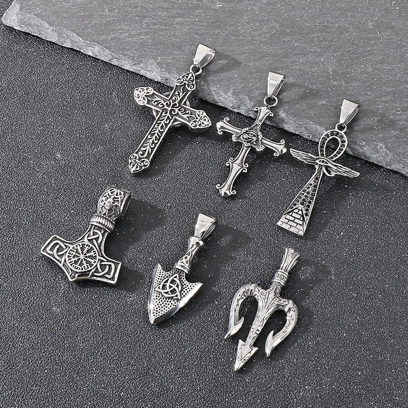 Kemstone Men’s Titanium Steel Trident Cross Necklace – Viking Eye of Horus Pendant, Black Zircon KP116389 60CM