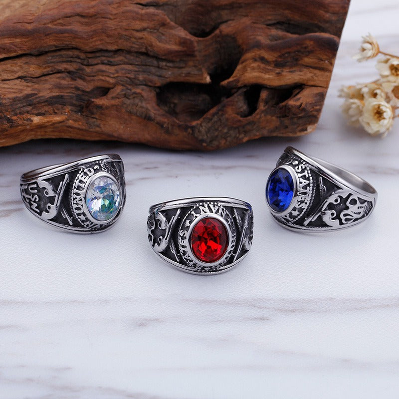 Kemstone Eagle Ring with Red/Blue Gemstones – Titanium Steel Punk Jewelry for Men | Gothic Streetwear Style KR45098-K