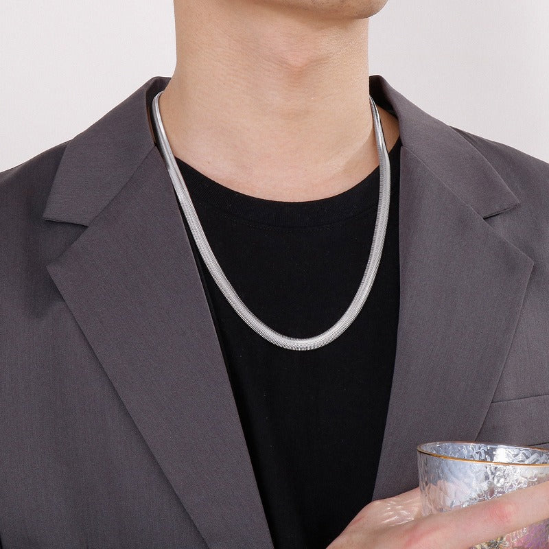 Hip-Hop Flat Snake Chain Necklace & Bracelet – Stainless Steel Herringbone Jewelry for Men KN228487