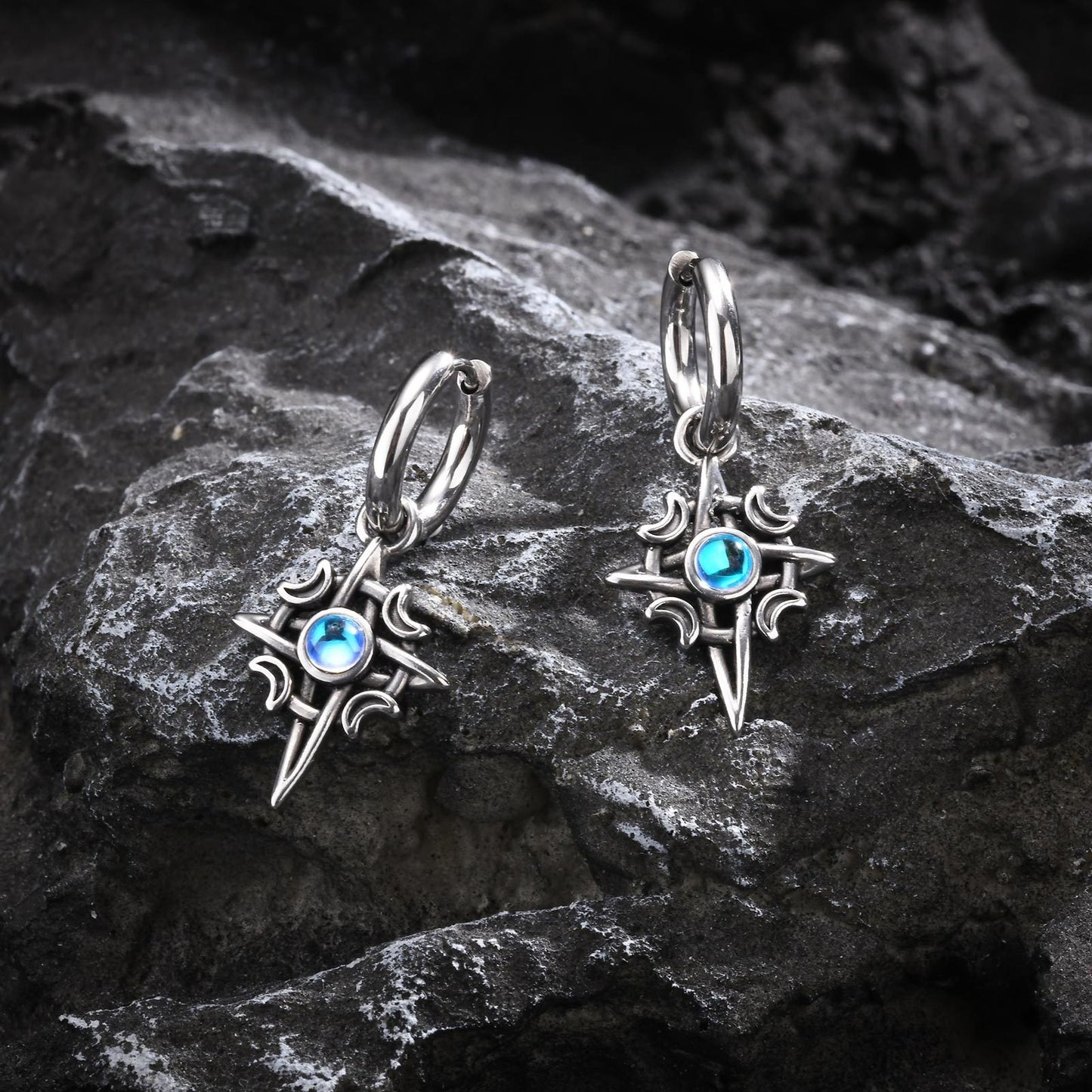 Kemstone Celtic Stainless Steel Moonstone Hoop Earring for Men – Gothic Star & Triquetra Drop Design 769