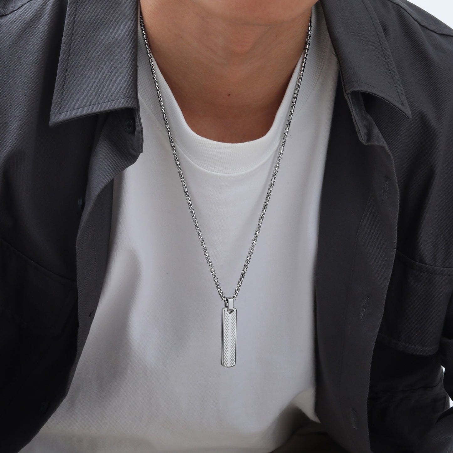 Geometric Bar Pendant Necklace for Men | Stainless Steel Chevron Engraved PN2071
