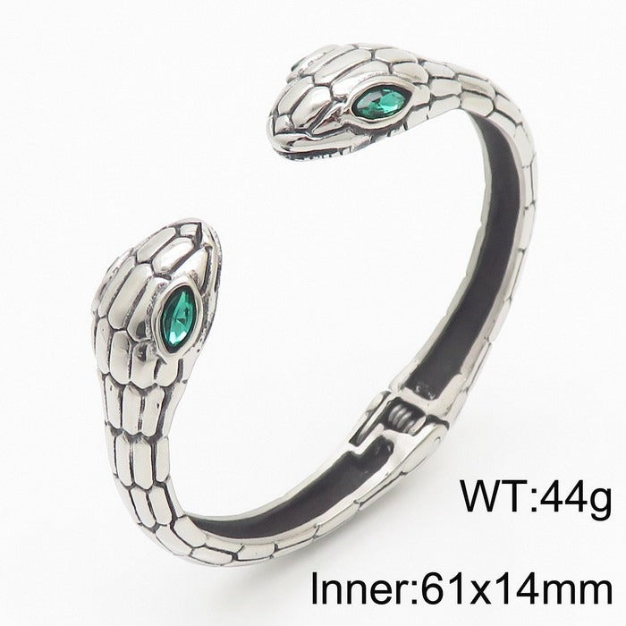 Kemstone Men’s Snake Bracelet – Punk Gothic Stainless Steel Cuff with Red/Green Eyes Norse-Inspired KB148287