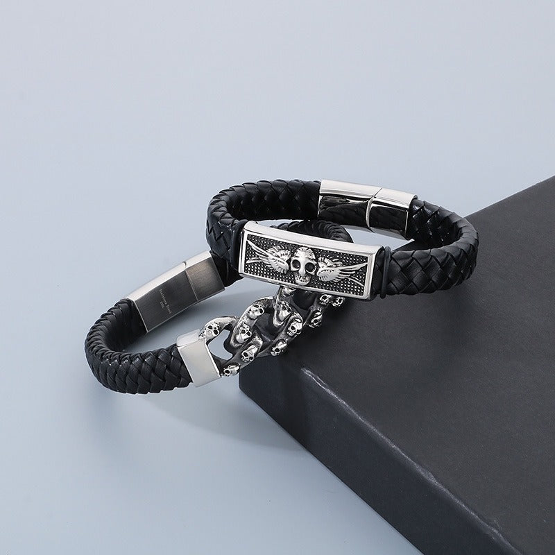 Kemstone Stainless Steel Skull Anchor Braided Leather Cuff Bracelet Punk Biker Style KB53392-K