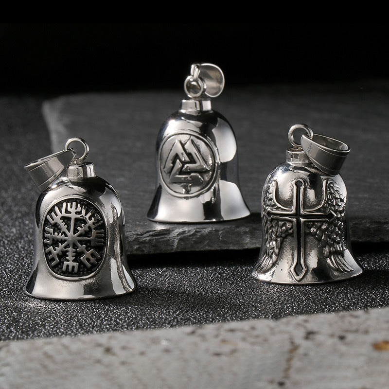 Kemstone Viking Symbol Bell Pendant Necklace for Men – Norse Masonic Cross Stainless Steel Biker Jewelry KP130935