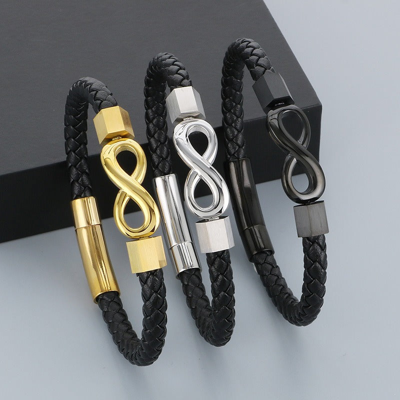 Simbolo dell'infinito, cinturino in pelle intrecciata, chiusura magnetica in acciaio al titanio per uomo KB182678-JR