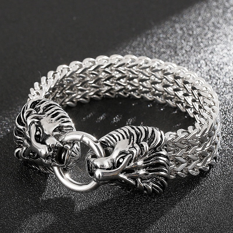 Pulsera Kemstone con calavera, lobo y cabeza de león - Cadena de acero de titanio con borde punk KB144489