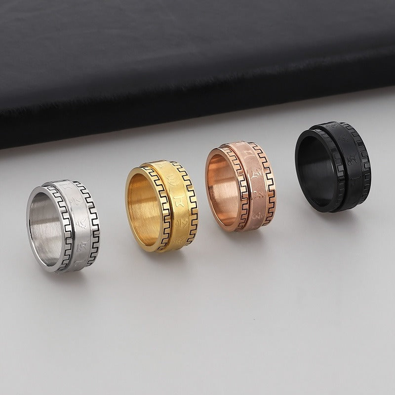 Anello Mantra Rotante Kemstone - Fascia in acciaio inossidabile con esagramma inciso e bordi strutturati per alleviare lo stress e favorire un flusso positivo KR37988-K