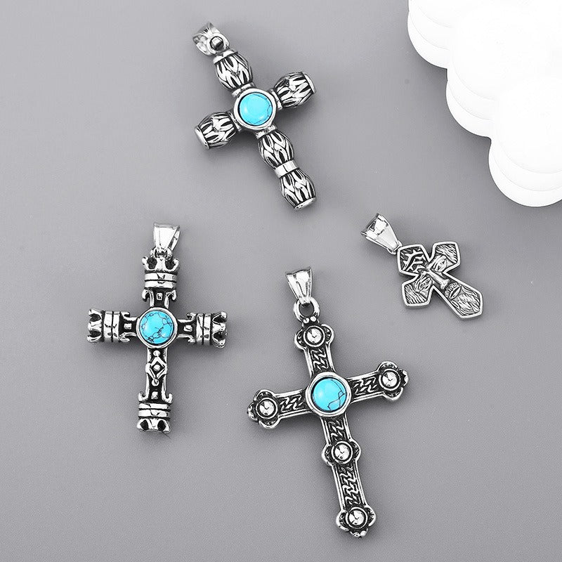 Kemstone Gothic Portrait Pendant – Titanium Steel Necklace with Crown & Turquoise Cross KP119878