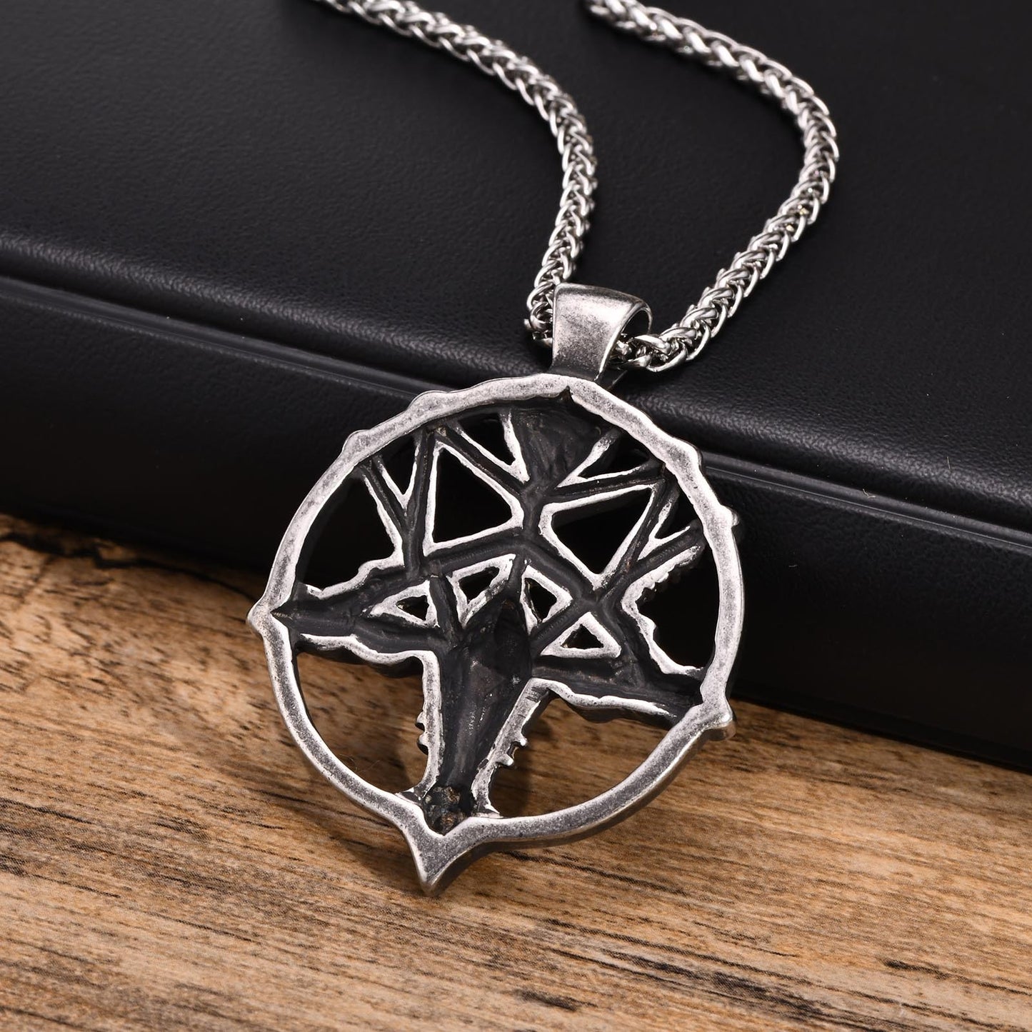 Kemstone Satanic Goat Head Pendant – Stainless Steel Gothic Pentagram Necklace PN-1266