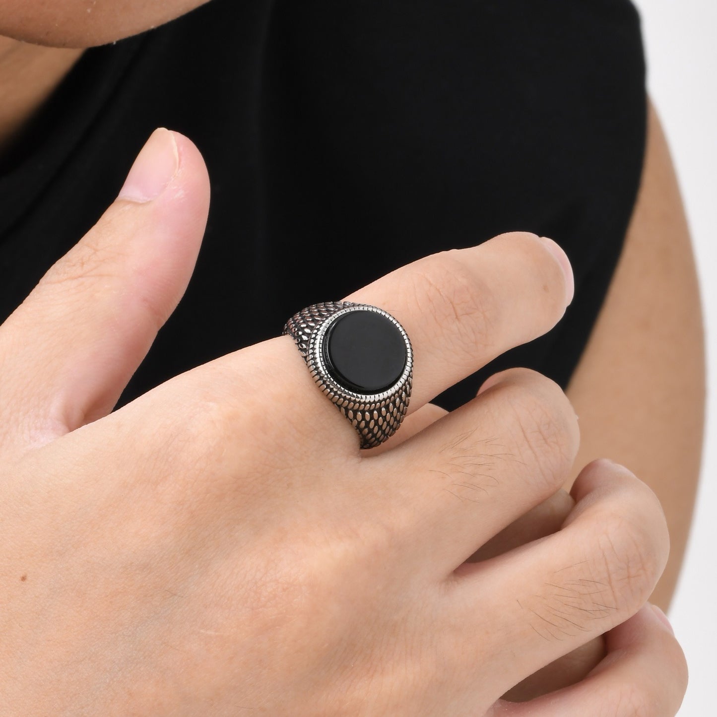 Men’s Stainless Steel Signet Ring – Natural Stone Seal Design (Black Onyx / Turquoise / Tiger Eye) RC-685