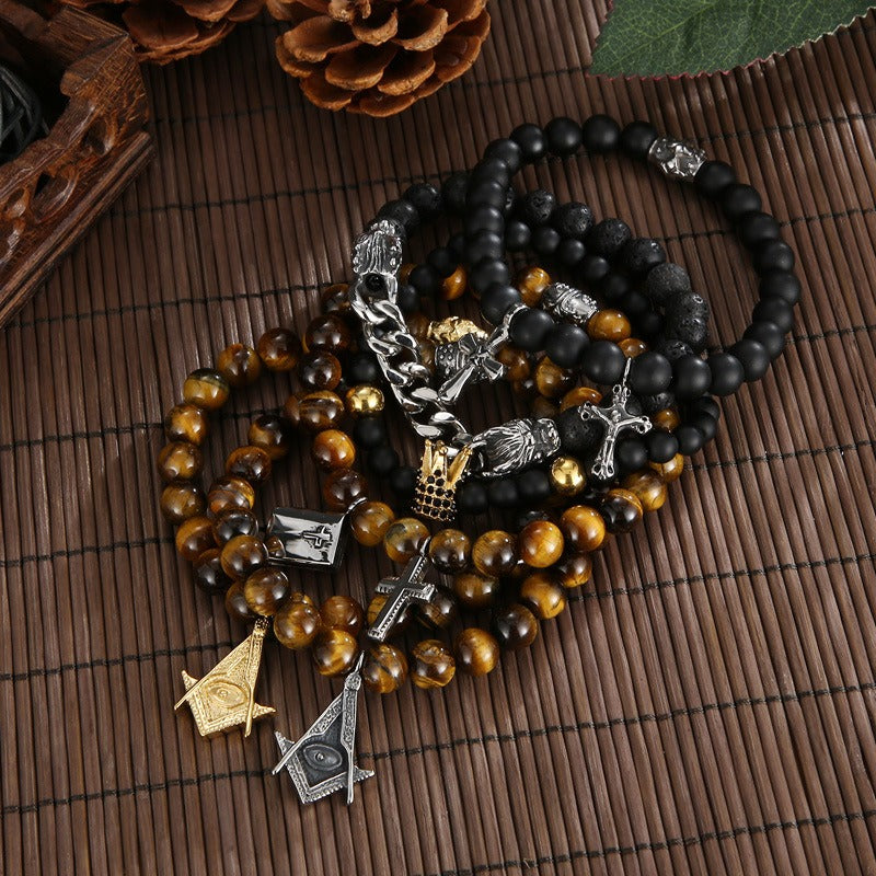Kemstone Black Onyx Beaded Bracelet – CZ Crown, Freemason Cross & Tiger Eye Accent for Men’s Gothic Streetwear KB69789-BD